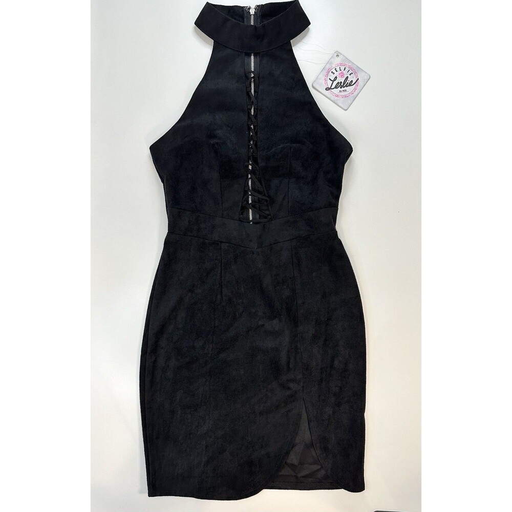SELFIE LESLIE Helena Halter Dress Suede Mini Lace Up Sleeveless Fitted XS S NEW
